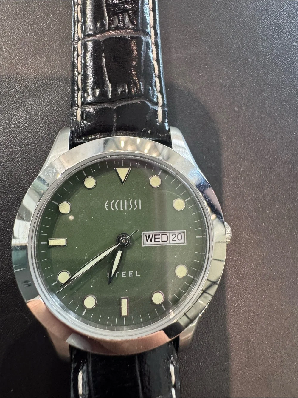 New Ecclissi Women's Green Dial Stainless Steel Watch with Black Leather Strap